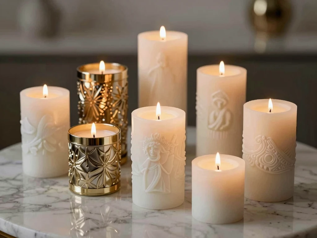 Luxury decorative candles arranged on marble surface